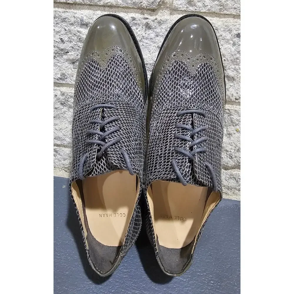 Cole Haan Snake Skin Oxfords, Patent leather, Olive green, Women’s Sz 8